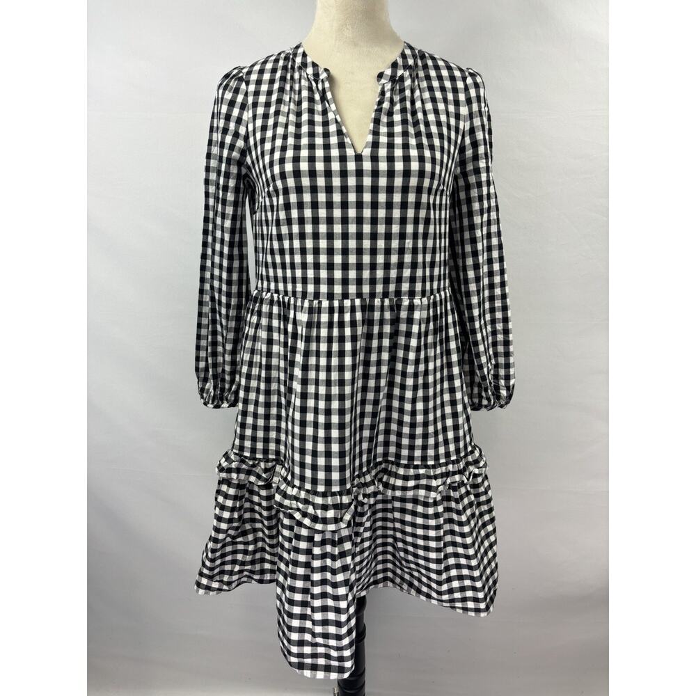 Re-imagined J Crew Tiered Dress Black White Gingham XXS Poplin Pockets Lined